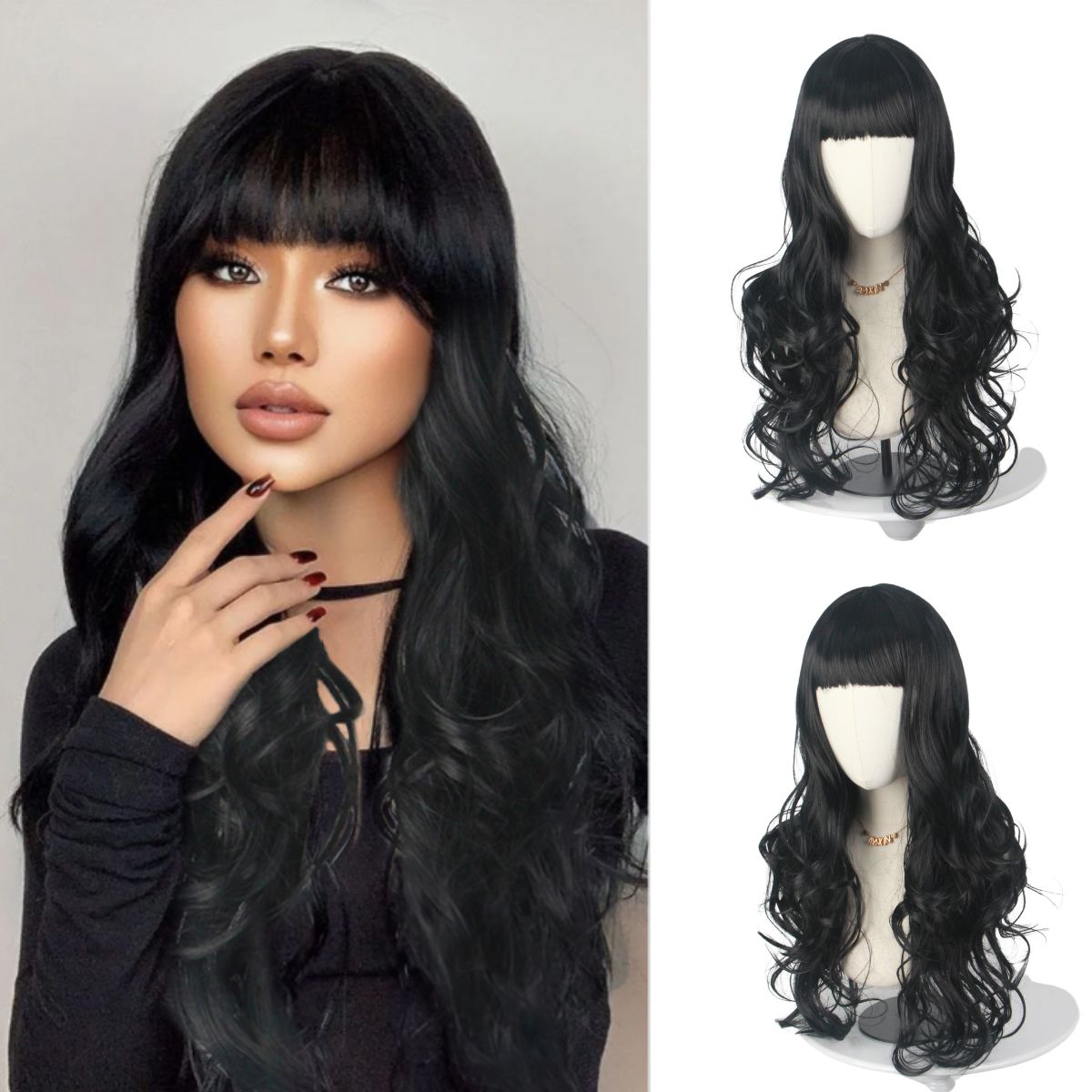 Japanese Women Lifestyle - Black Long Curly Hair with Bangs,